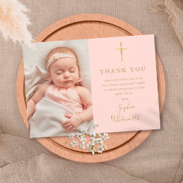 Blush Pink Elegant Gold Taufe Christening Foto Dankeskarte