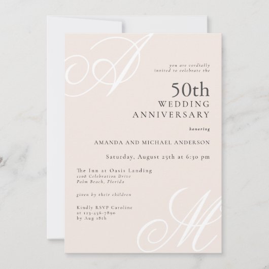 Blush Pink Elegant Monogram 50 Jahre Jubiläum Einladung (Vorderseite)
