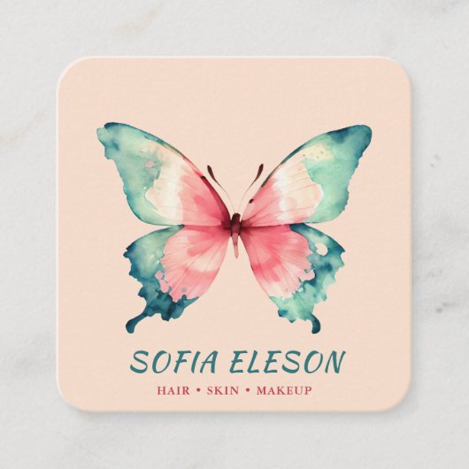 Blush Pink Elegante Wasserfarbe Schmetterling Schö Quadratische Visitenkarte (Vorderseite)