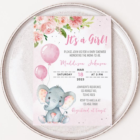 Blush Pink Elephant Baby Dusche Einladung