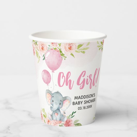 Blush Pink Elephant Baby Dusche Pappbecher (Vorderseite)