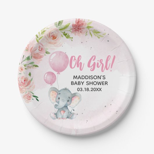 Blush Pink Elephant Baby Dusche Pappteller (Vorderseite)