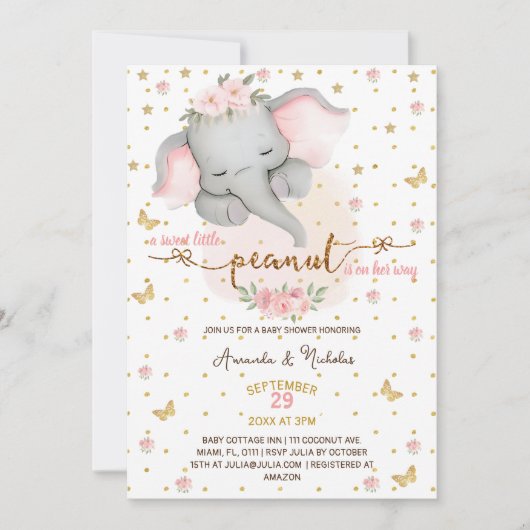 Blush Pink Elephant Baby Girl Dusche Einladung (Vorderseite)