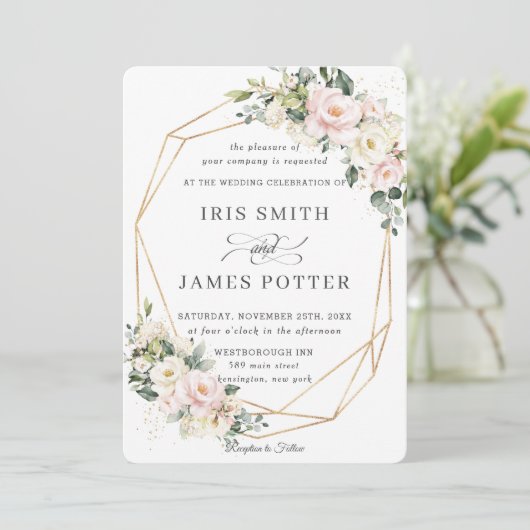 Blush Pink Elfenbeinblume Hochzeit Gold Geometrie Einladung (Stehend Vorderseite)