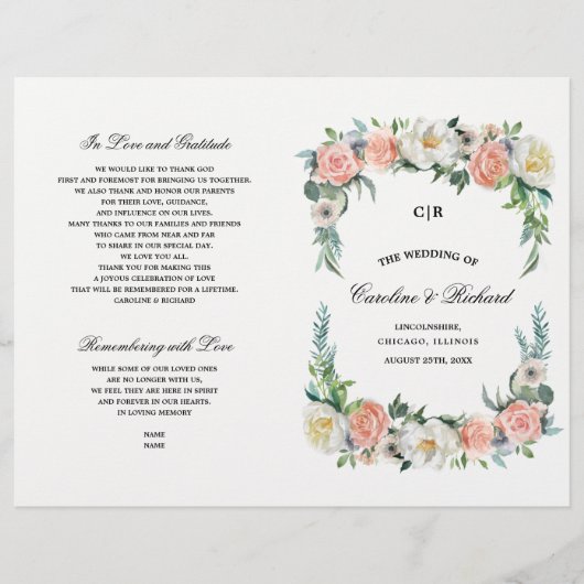 Blush Pink Elfenbeinblume Hochzeitsprigramm (Vorderseite)