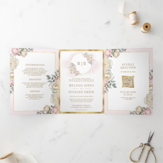 Blush Pink Elfenbeinblumengold Alles in einer Hoch Dreifach Gefaltete Einladung (Innenseite)