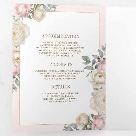 Blush Pink Elfenbeinblumengold Alles in einer Hoch Dreifach Gefaltete Einladung (Innen Erste Seite)