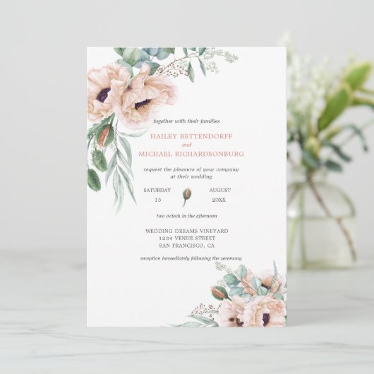 Blush Pink Elfenbeinküste Grüne Weinkultur Einladung (Stehend Vorderseite)