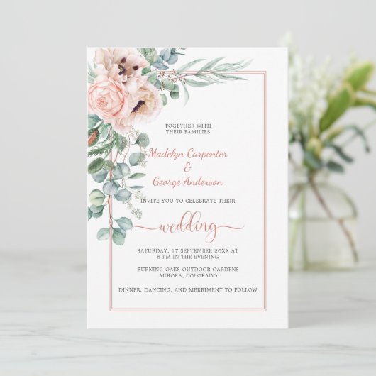 Blush Pink Elfenbeinpolster und Peonies Rahmen Hoc Einladung (Stehend Vorderseite)