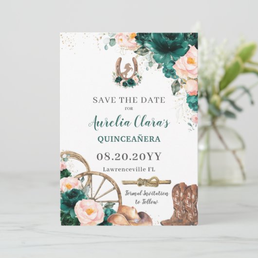 Blush Pink Emerald Green Wild West Quinceañera Save The Date (Stehend Vorderseite)