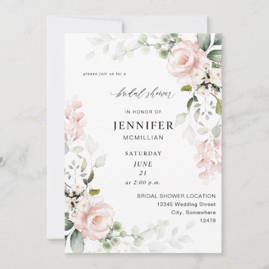 Blush Pink & Eukalyptus Brautparty Einladung (Vorderseite)