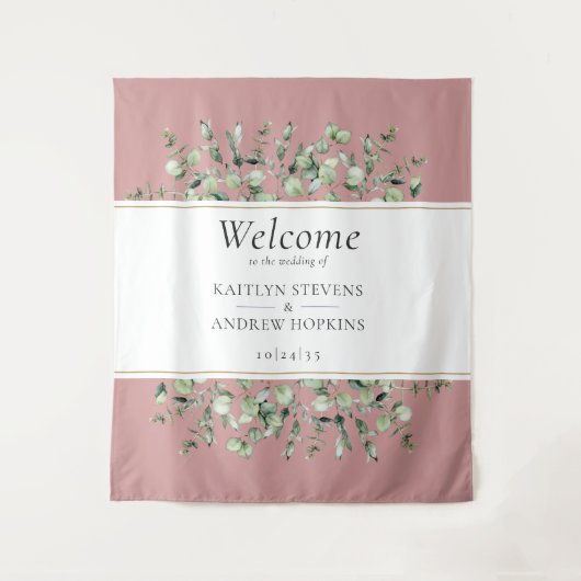 Blush Pink Eukalyptus Wedding Willkommen Wandteppich (Vorderseite)