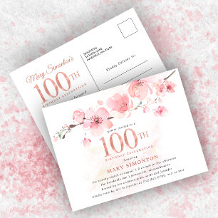 Blush Pink Floral 100. Geburtstag Einladungspostkarte