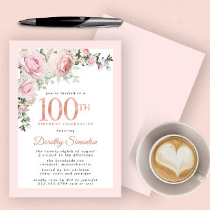 Blush Pink Floral 100. Geburtstagsparty Einladung