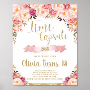 Blush Pink Floral 1. Geburtstag Zeitkapsel Zeichen Poster