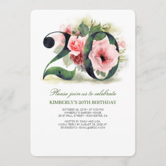Blush Pink Floral 20. Geburtstagsparty Einladung