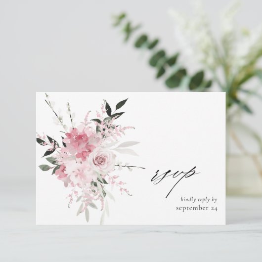 Blush Pink Floral 2 w Mahlzeit RSVP Karte (Stehend Vorderseite)