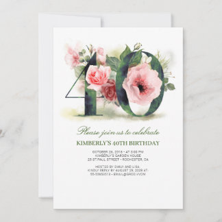 Blush Pink Floral 40. Geburtstag Party Einladung