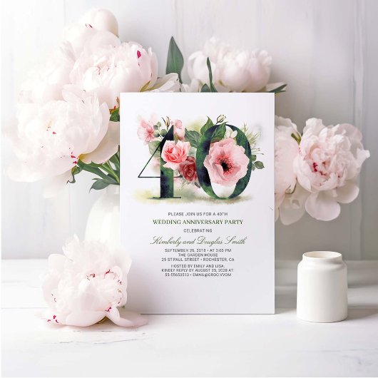 Blush Pink Floral 40. Hochzeitstag Einladung