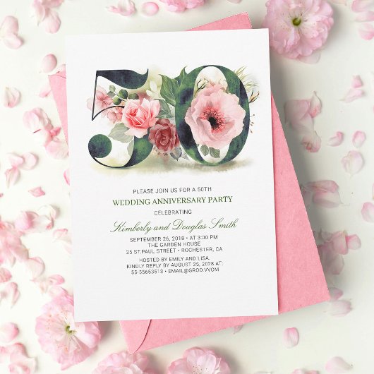 Blush Pink Floral 50. Hochzeitstag Einladung