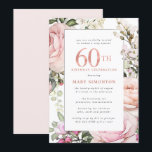 Blush Pink Floral 60. Geburtstagsparty Einladung<br><div class="desc">Ehre eine besondere Frau mit dieser eleganten und weiblichen 60. Geburtstagsfeier. Der 0. ist in großem rosa Text geschrieben. Die Geburtstagsfeier folgt. Der Name des geehrten Gastes ist auch in rosa Hauptstadt geschrieben. Der Rest des Textes ist weich taubengrau. Die Details der Geburtstagsfeier sind von einem schicken, blumengeschmückten Rahmen umgeben,...</div>