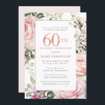 Blush Pink Floral 60. Geburtstagsparty Einladung<br><div class="desc">Ehre eine besondere Frau mit dieser eleganten und weiblichen 60. Geburtstagsfeier. Der 0. ist in großem rosa Text geschrieben. Die Geburtstagsfeier folgt. Der Name des geehrten Gastes ist auch in rosa Hauptstadt geschrieben. Der Rest des Textes ist weich taubengrau. Die Details der Geburtstagsfeier sind von einem schicken, blumengeschmückten Rahmen umgeben,...</div>