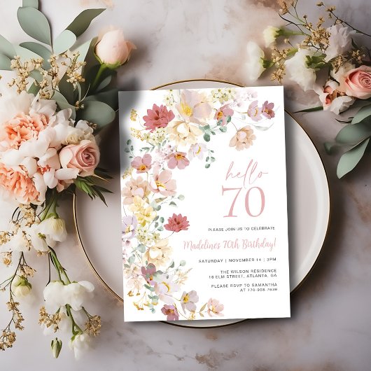 Blush Pink Floral 70. Geburtstag Einladung