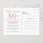 Blush Pink Floral 80. Geburtstag Einladungspostkarte (Rückseite)