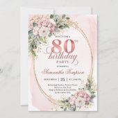Blush Pink Floral 80th Birthday Party Invite Art Einladung (Vorderseite)