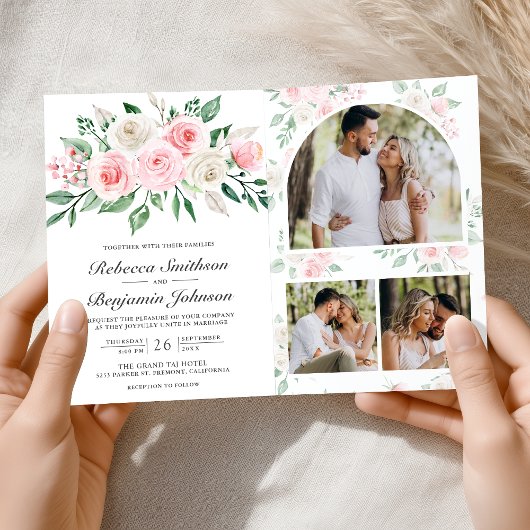 Blush Pink Floral All in One QR Code Wedding Einladung