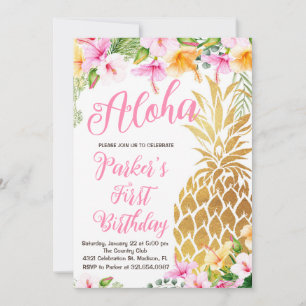 Blush Pink Floral Aloha Ananas Erster Geburtstag Einladung