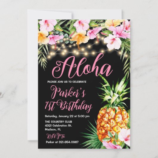 Blush Pink Floral Aloha Ananas Geburtstagsparty Einladung (Vorderseite)
