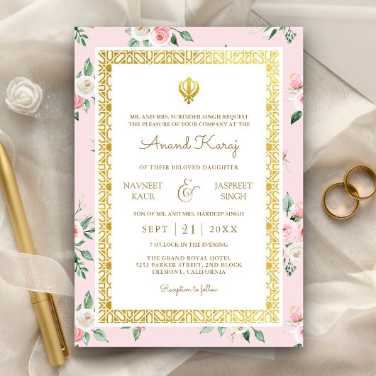 Blush Pink Floral Anand Karaj Punjabi Sikh Wedding Einladung