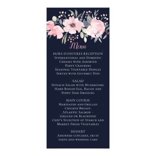 Blush Pink Floral auf Navy Hochzeit | Menü (Vorne)