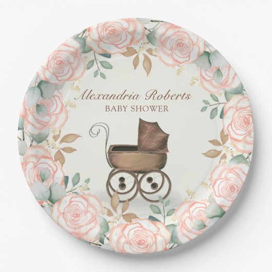 Blush Pink Floral Baby Carriage Custom Dusche Pappteller (Vorderseite)