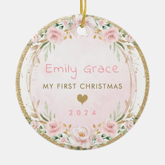 Blush Pink Floral Baby Erste 1. Weihnachtsfeier Keramik Ornament (Vorne)