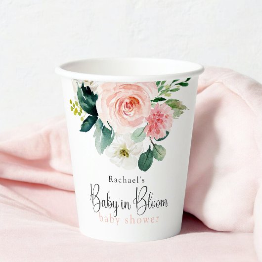 Blush Pink Floral Baby in Bloom Baby Dusche Pappbecher