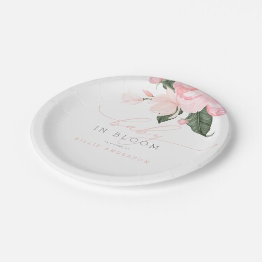 Blush Pink Floral Baby in Bloom Girl's Baby Shower Pappteller (Schrägansicht)