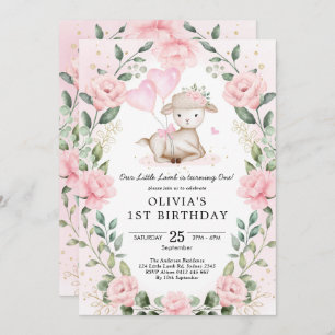 Blush Pink Floral Baby Lamb Mädchen Geburtstag Einladung