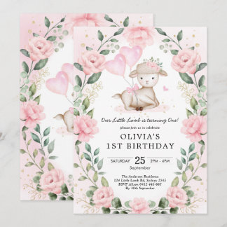Blush Pink Floral Baby Sheep Lamb Girl Geburtstag Einladung