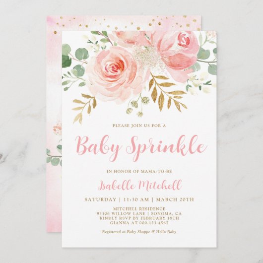Blush Pink Floral Baby Sprinkle Einladung (Vorne/Hinten)