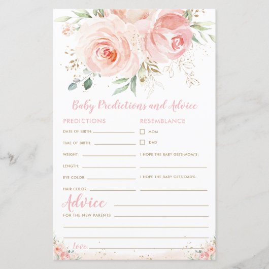 Blush Pink Floral Baby Vorhersagen und Advice Game (Vorderseite)