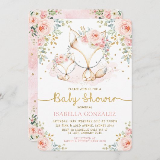 Blush Pink Floral Baby Woodland Fox Girl Dusche Einladung (Vorne/Hinten)