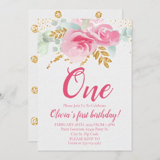 Blush Pink Floral Baby's First Birthday Einladung (Vorne/Hinten)