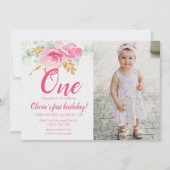 Blush Pink Floral Baby's First Birthday Foto Einladung (Vorderseite)