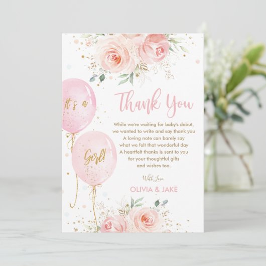 Blush Pink Floral Balloons Gold Girl Baby Dusche Dankeskarte (Stehend Vorderseite)