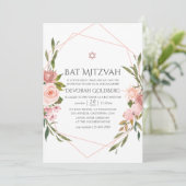 Blush Pink Floral Bat Mitzvah Einladung (Stehend Vorderseite)