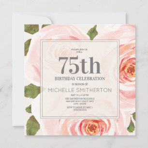 Blush Pink Floral Blätter 75. Geburtstagsfrauen Einladung