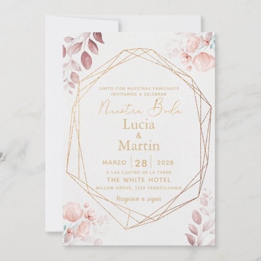 Blush Pink Floral Blätter Gold Nuestra Boda Einladung (Vorderseite)