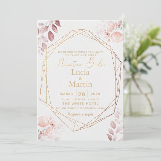 Blush Pink Floral Blätter Gold Nuestra Boda Einladung (Stehend Vorderseite)
